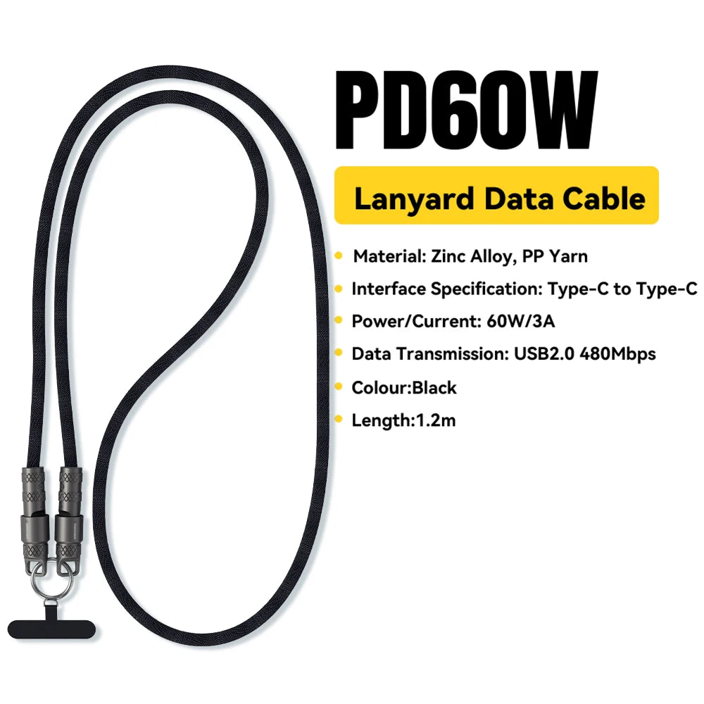 2 in 1 60W USB-C to Type-C Lanyard Data Cable