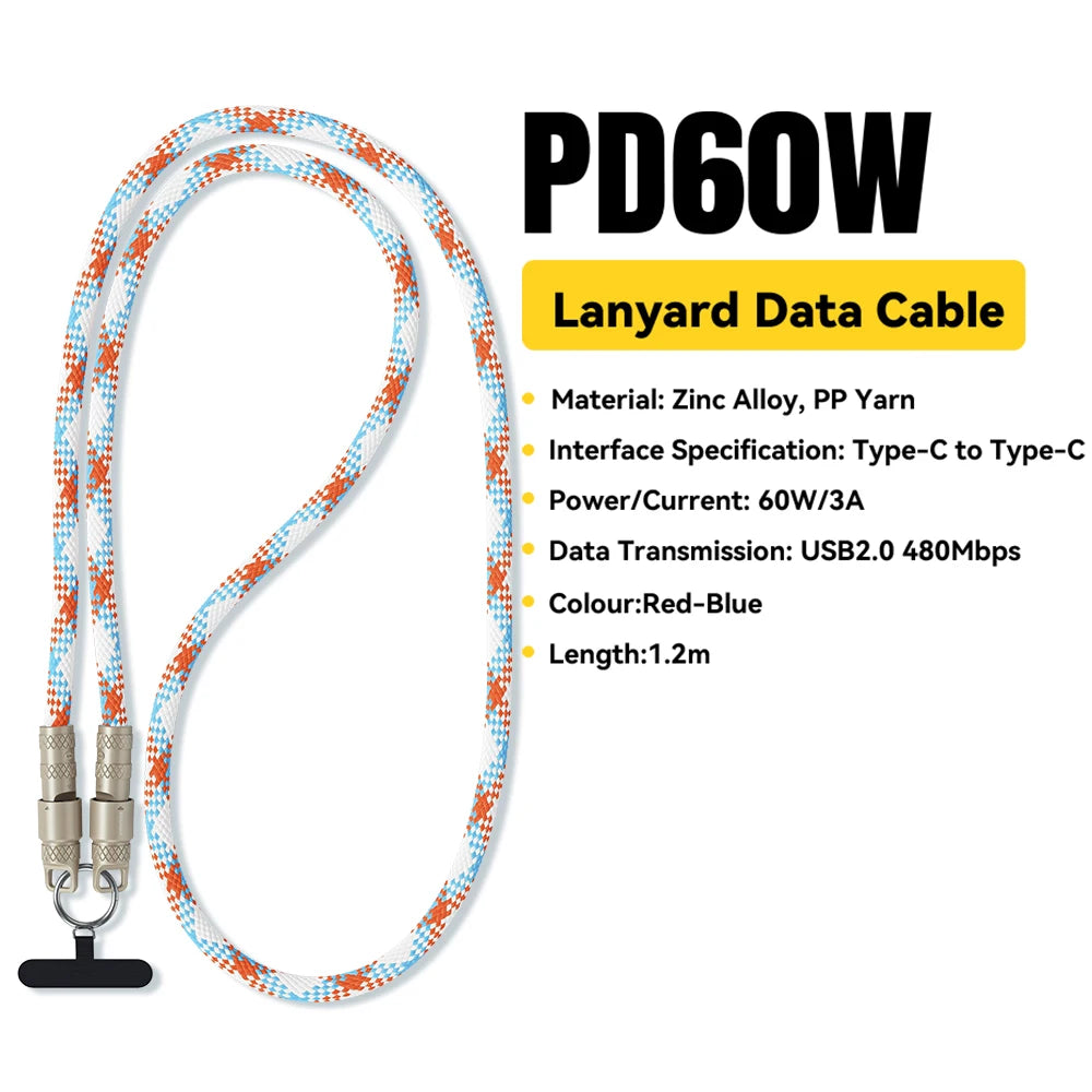 2 in 1 60W USB-C to Type-C Lanyard Data Cable