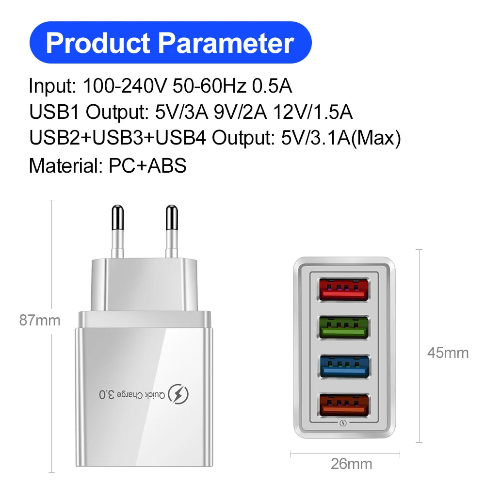 4 Ports 3.1A USB Wall Charger 3.0 Phone Adapter